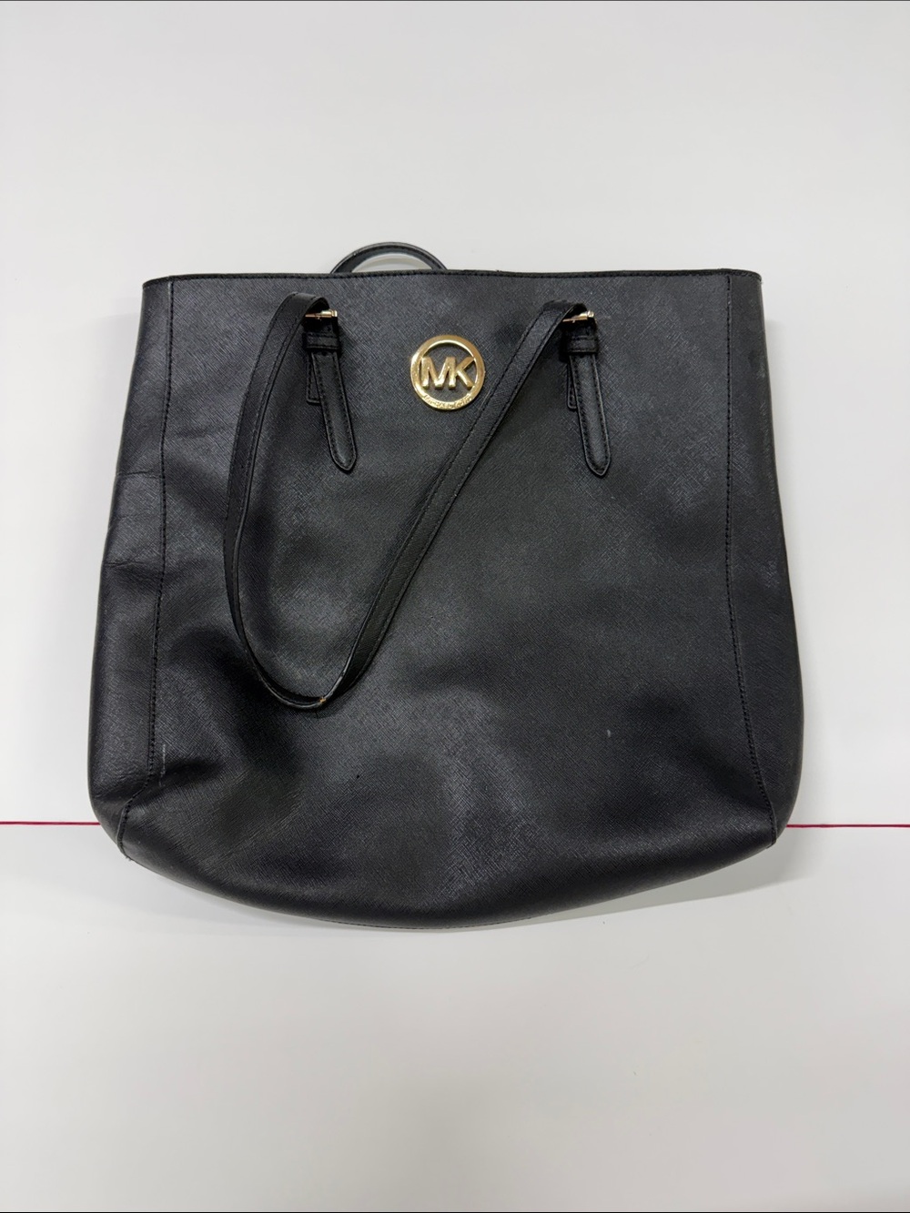 Michael Kors Black Leather Tote with Gold MK Emblem